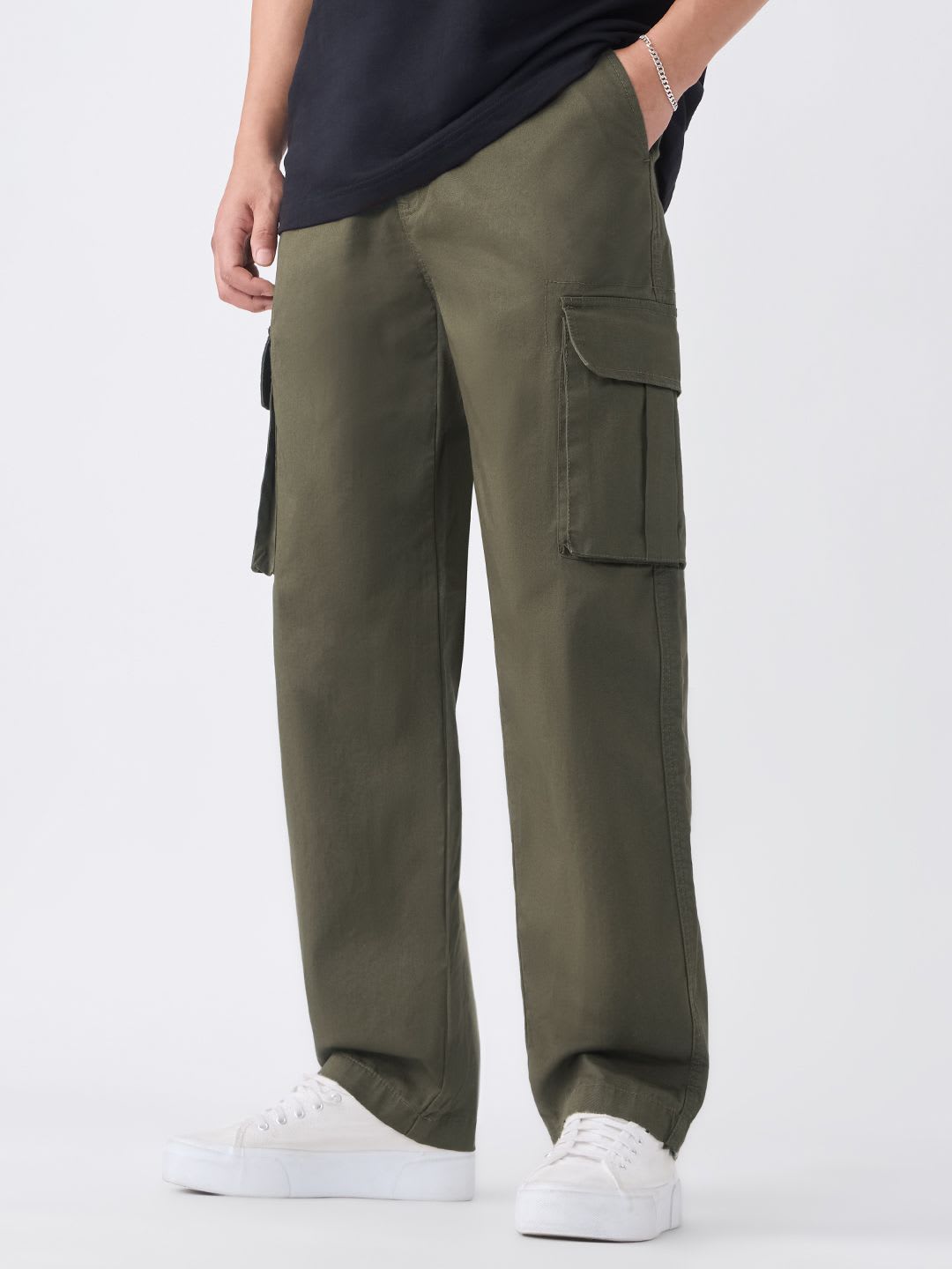 The Souled Store Men Solid Olive Straight Fit Cargo Pants - default view
