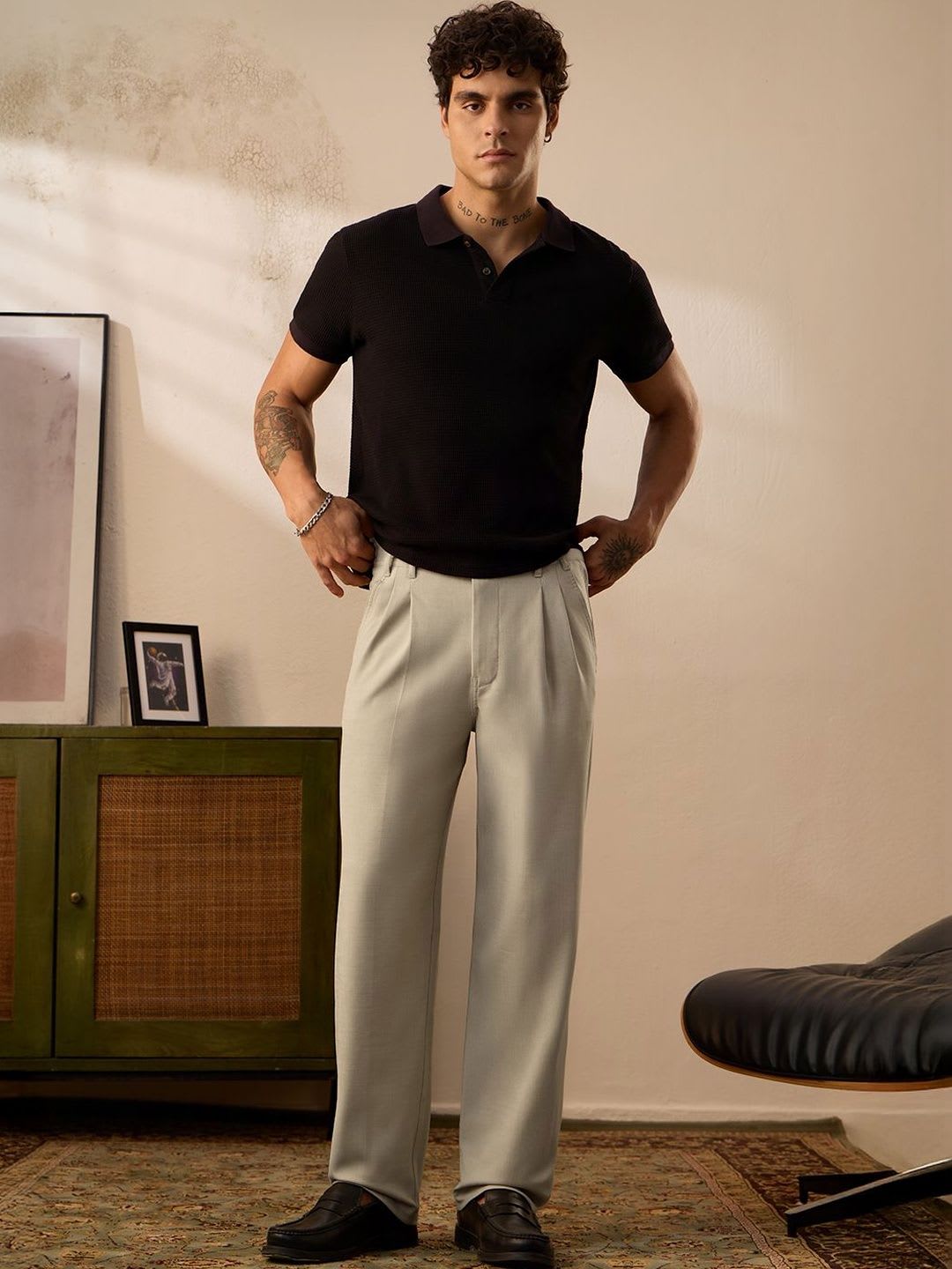 The Souled Store Men Korean Solid Beige Flex Tapered Trousers - default view