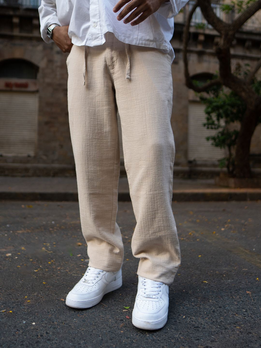 Powerlook Men Beige Pure Cotton Regular Fit Crinkled Trousers - default view
