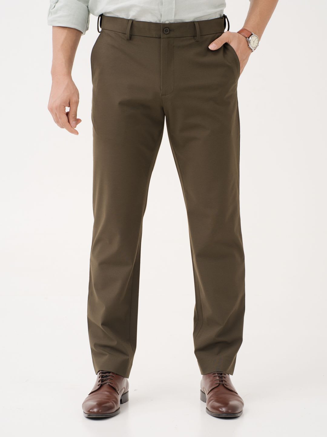 The Pant Project Men Always Olive Solid Relaxed Fit Wrinkle-Resistant Formal Trousers with Stretchable Waistband - default view