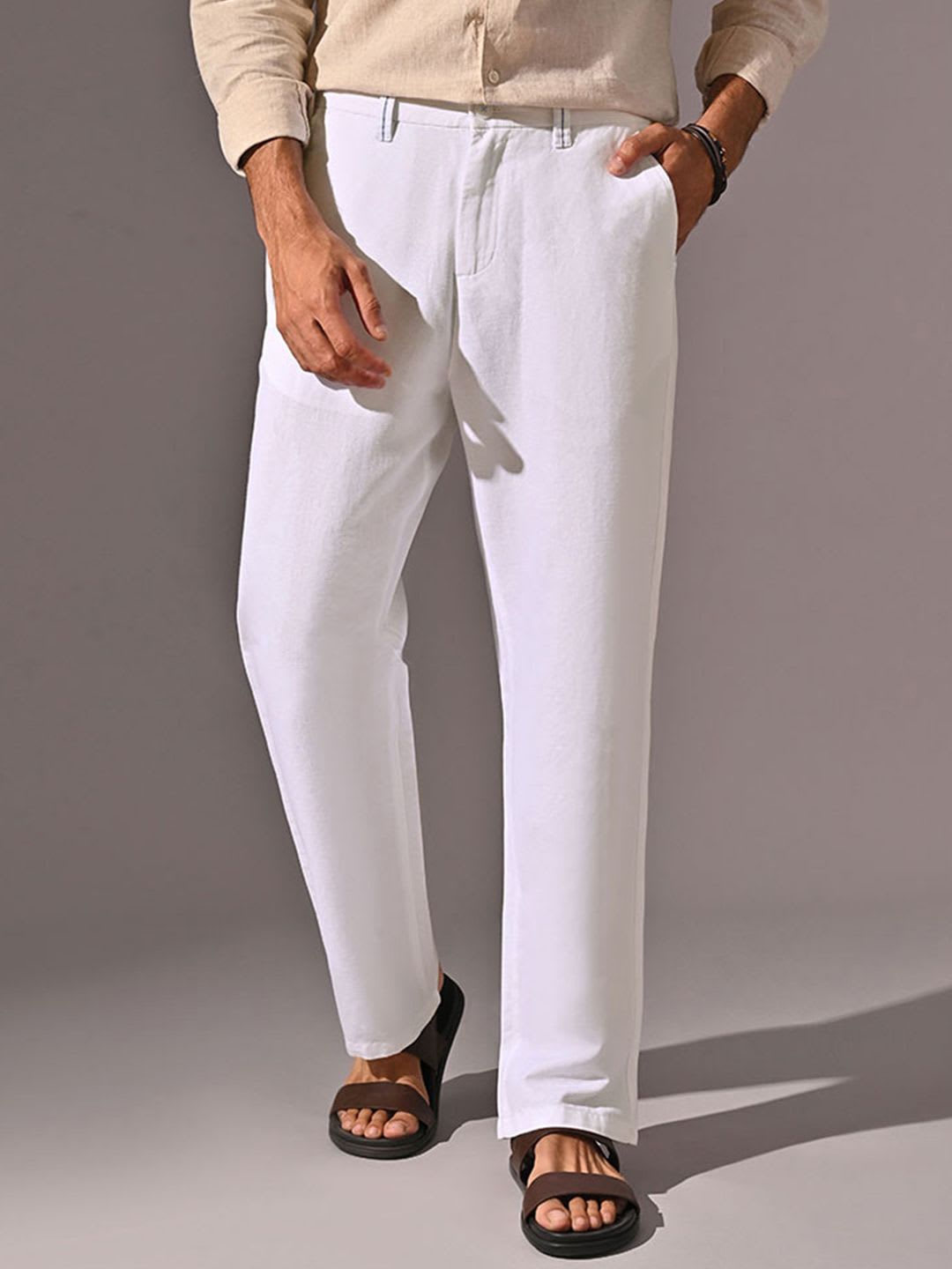 KINGDOM OF WHITE COAST Men Linen Rich Relaxed Fit Mid-Rise Drawstring Trousers - default view