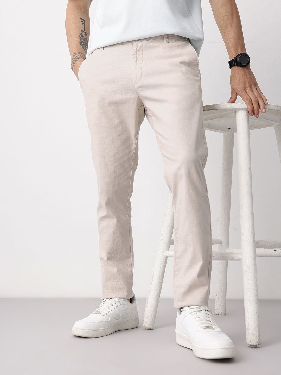 Mast & Harbour Men Cotton Linen Chinos Trousers - default view