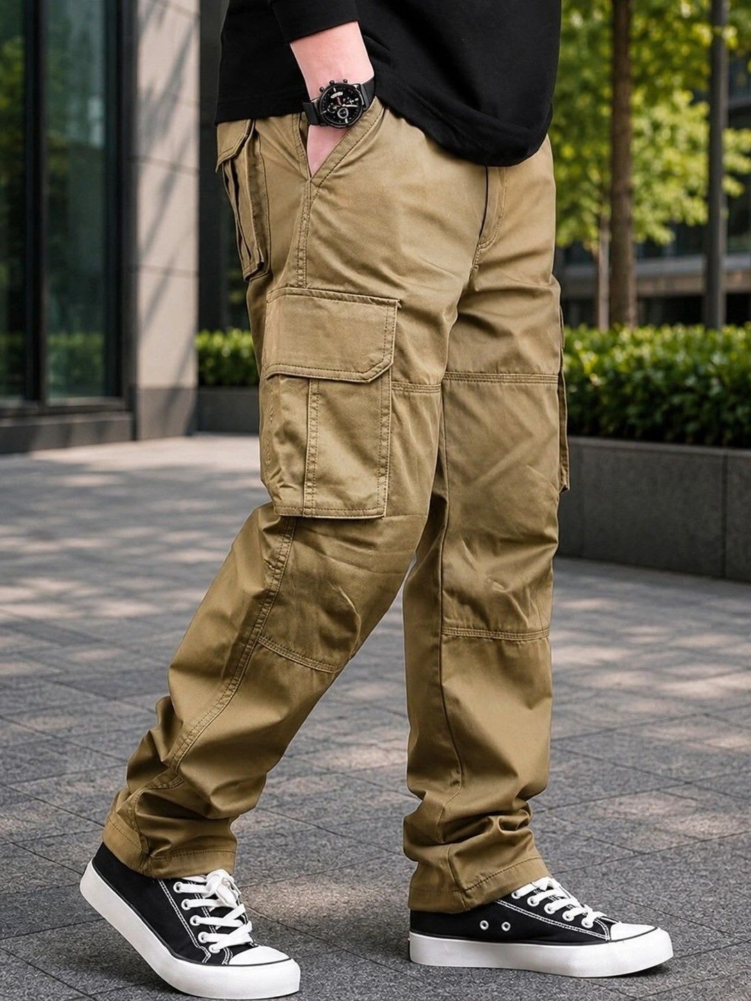 Dwiden Men Relaxed Loose Fit Easy Wash Cargos Trousers - back view
