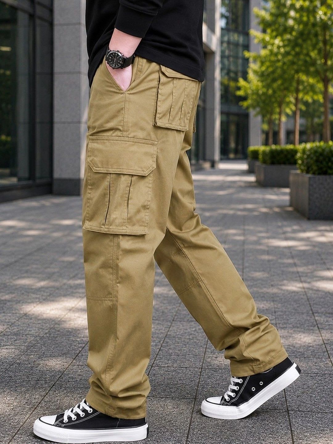 Dwiden Men Relaxed Loose Fit Easy Wash Cargos Trousers - left view