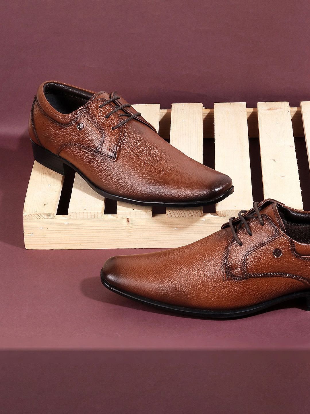 Mochi Men Tan Brown Solid Leather Formal Derbys - default view