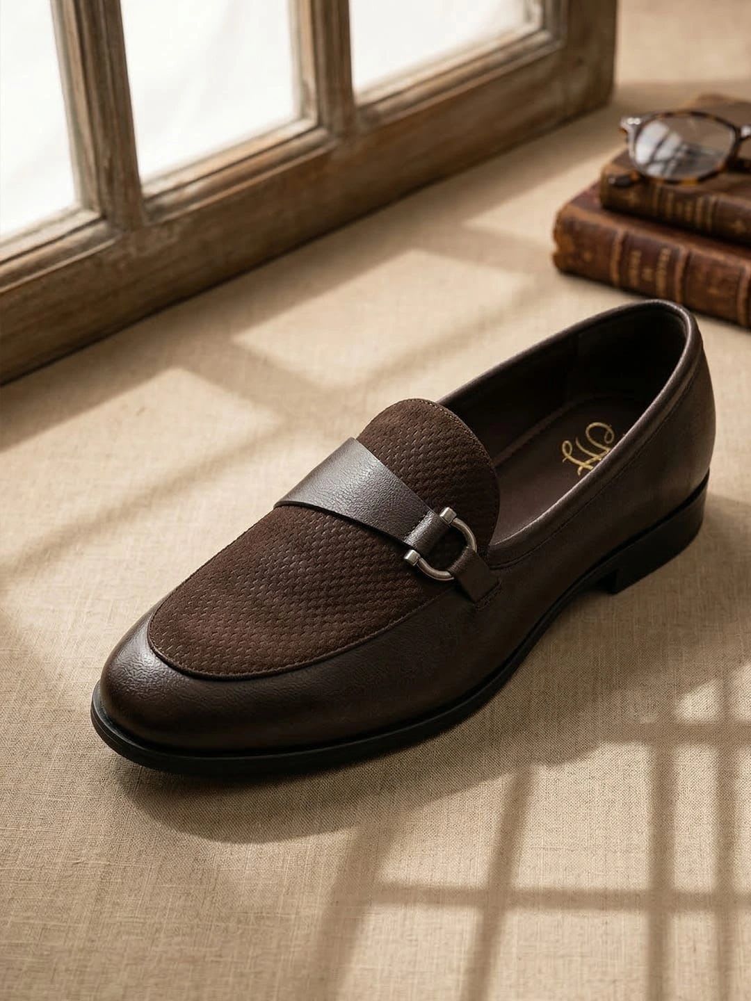 House of Pataudi Men Textured Leather Round Toe Slip-On Loafers Formal Shoes - default view