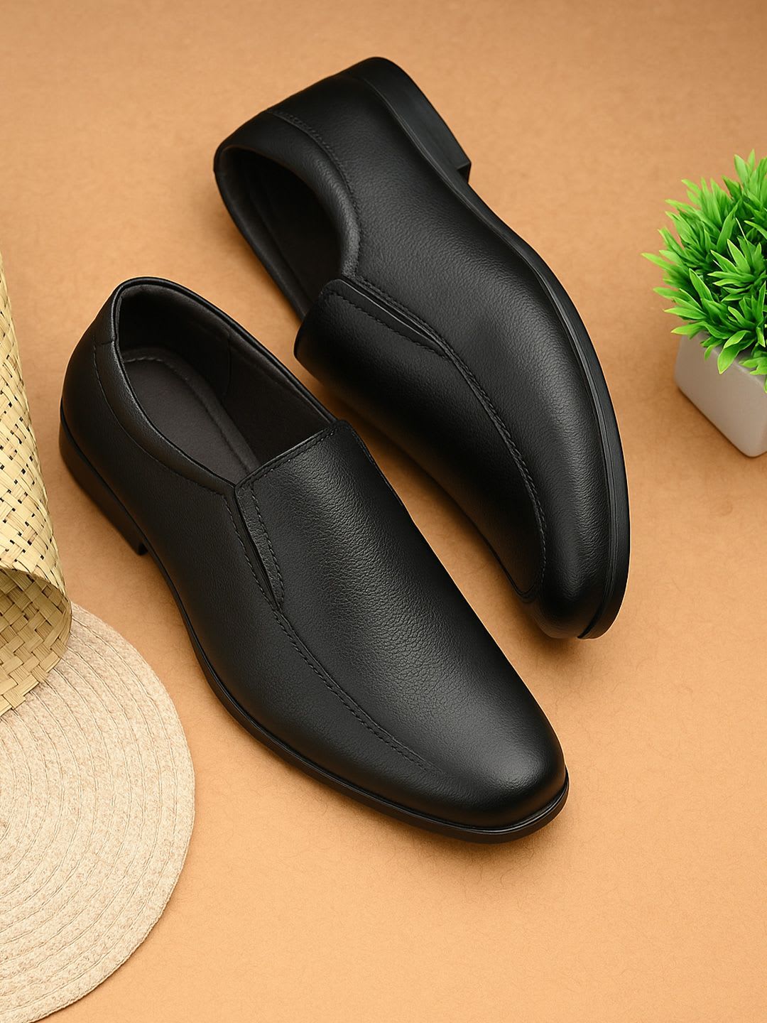 Red Chief Men Black Leather Formal Slip-On Shoes - default view