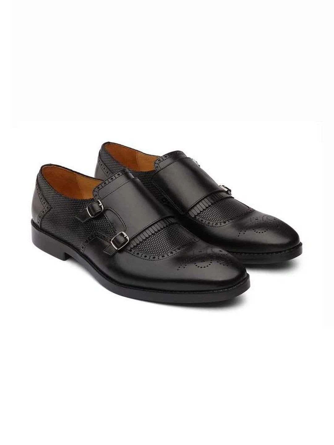 DABLR Men Textured Leather Round Toe Buckle Monk Formal Shoes - default view