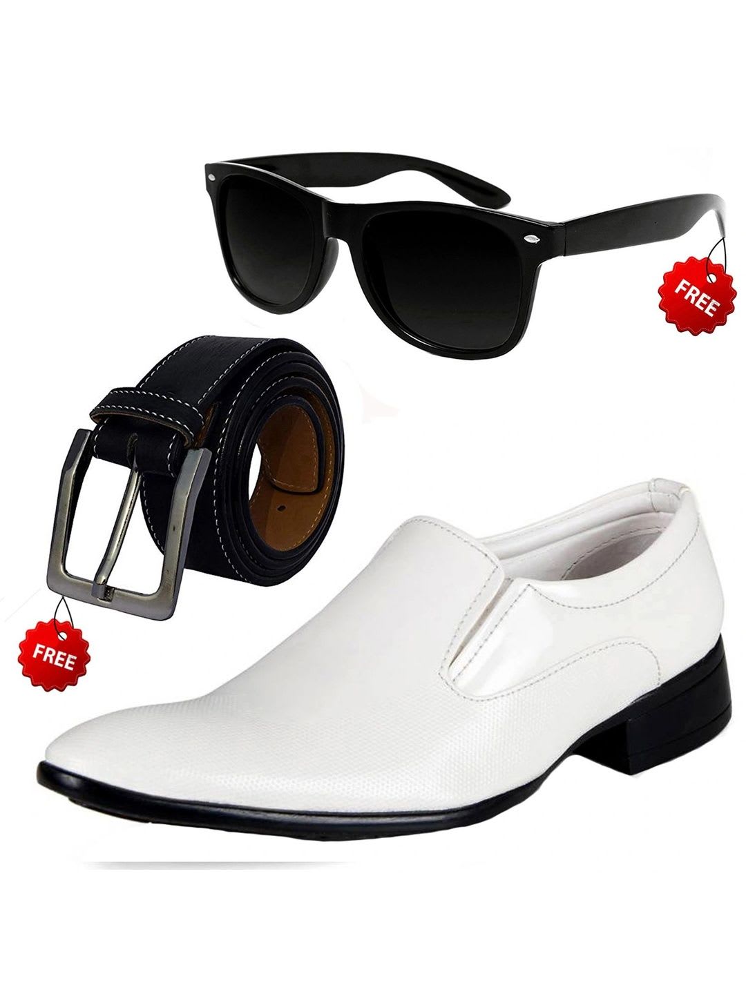 Vitoria Men Textured Pointed Toe Slip-On Formal Slip-Ons With Belt & Sunglasses - default view