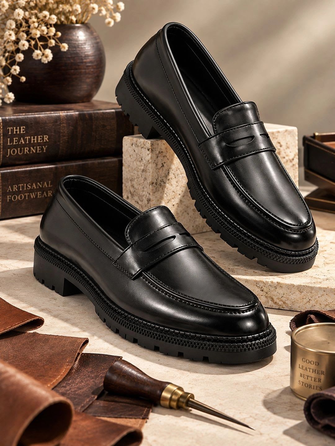 House of Pataudi Men Leather Round Toe Slip-On Loafers Formal Shoes - default view