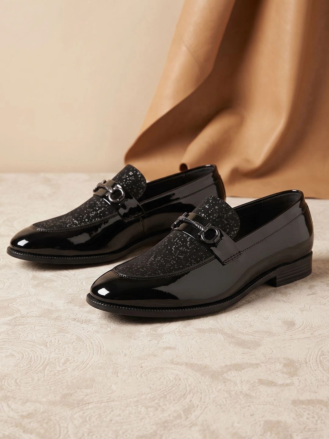 House of Pataudi Men Textured Synthetic Pointed Toe Slip-On Loafers Formal Shoes - default view