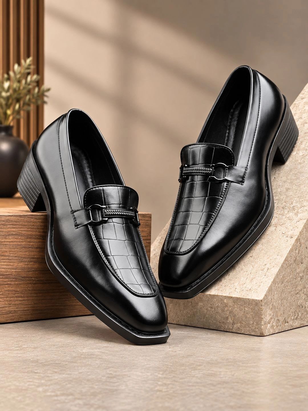 House of Pataudi Men Textured PU Square Toe Slip-On Loafers Formal Shoes - default view