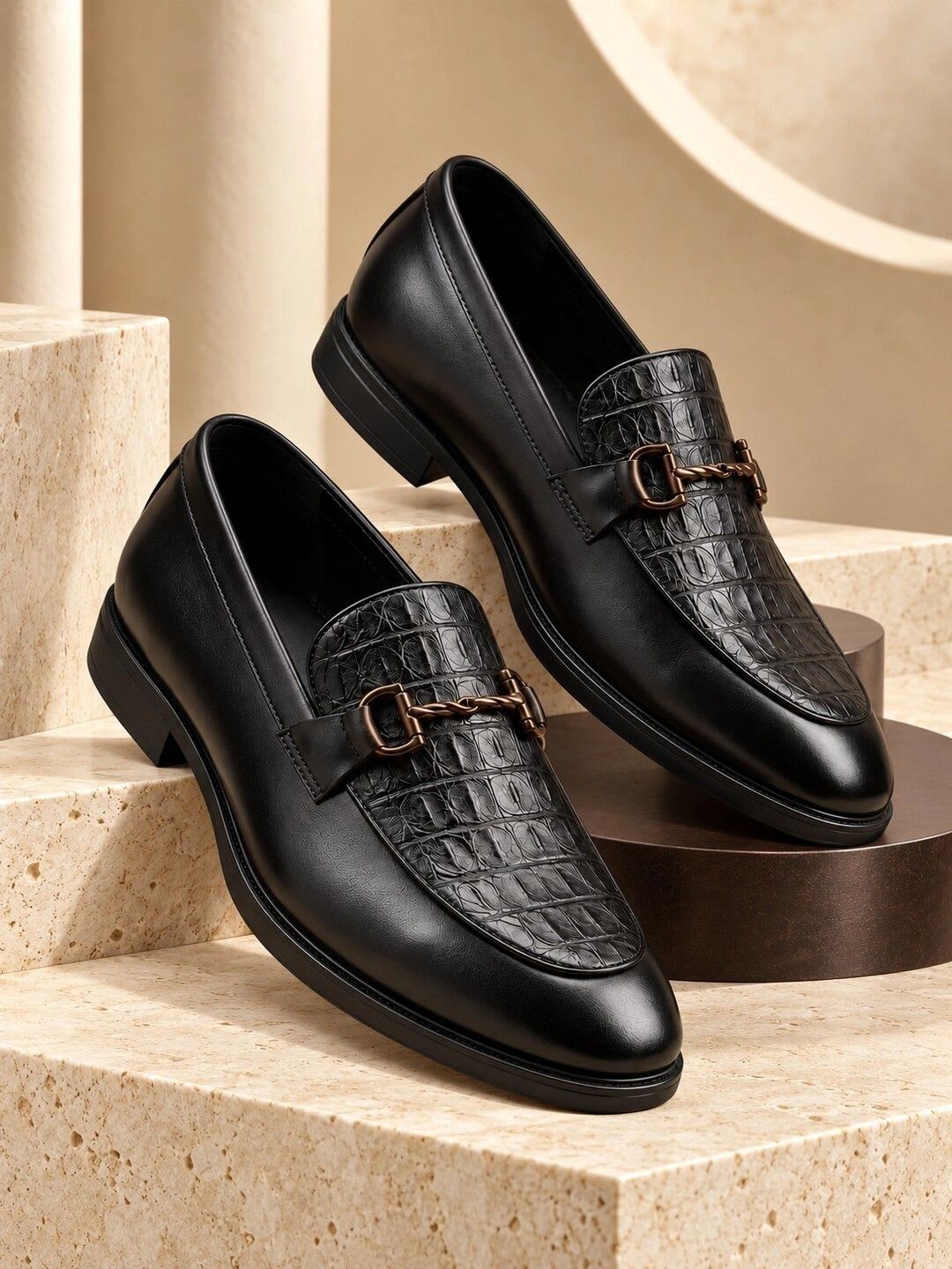 House of Pataudi Men Textured Synthetic Leather Round Toe Slip-On Loafers Formal Shoes - default view