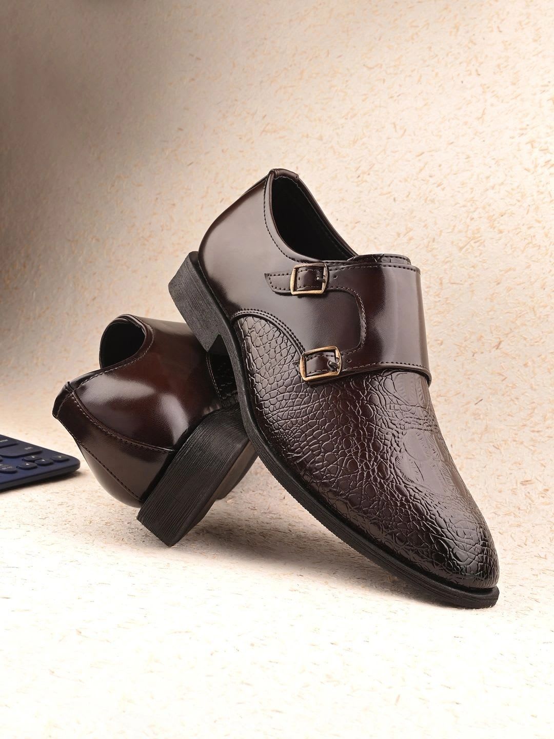 INVICTUS Men Textured Synthetic Leather Pointed Toe Buckle Monk Shoes - default view