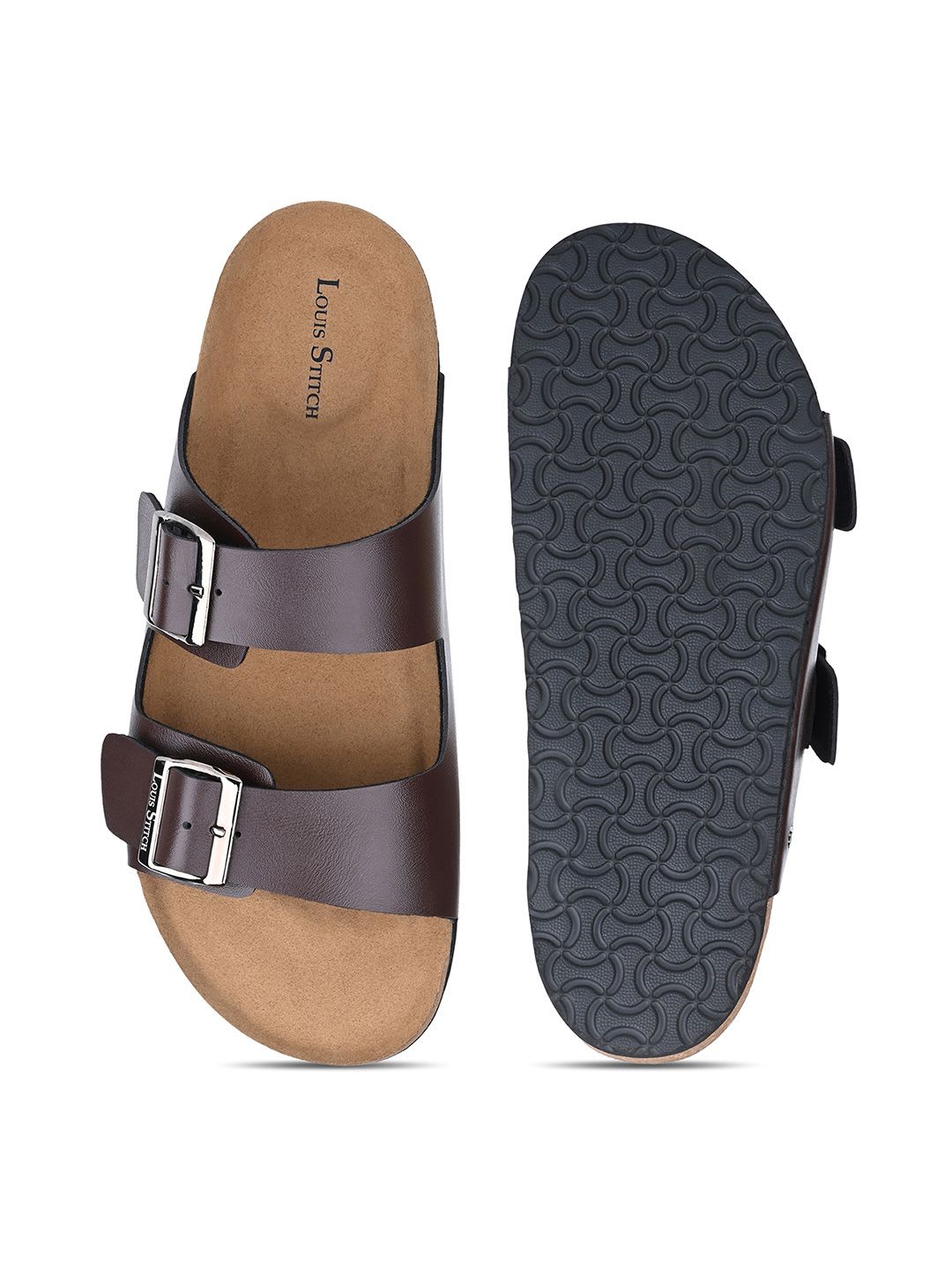 LOUIS STITCH Men Brunette Brown Lightweight Open Toe Double Strap Slip on Cork Sandal - left view