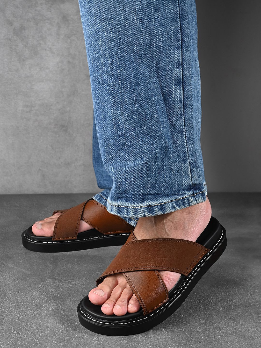 LOUIS STITCH Men Russet Tan Cross Strap Slip-On Comfort Sandals - default view