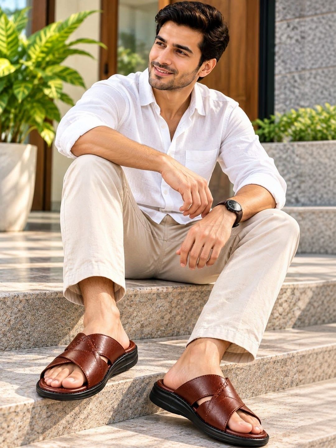 REAL BLISS Men Leather Comfort Sandals - left view