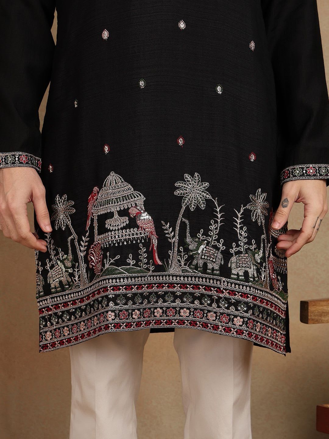 House of Pataudi Embroidered Mandarin Collar Knee Length Straight Kurta - right view