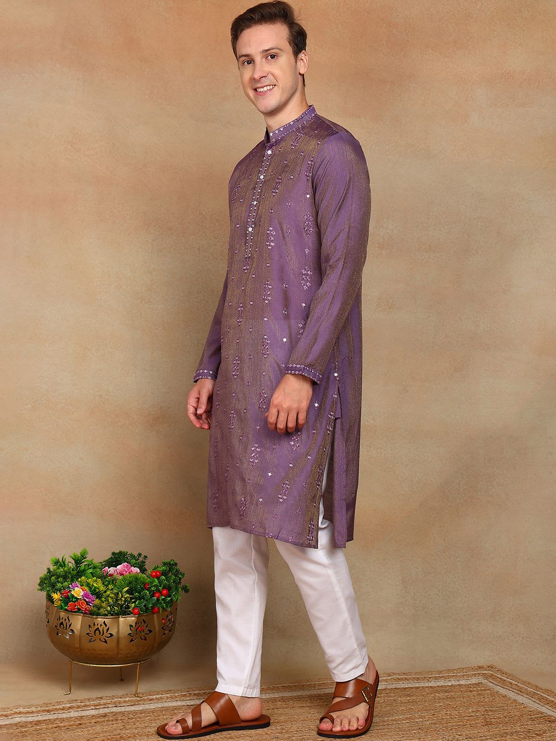House of Pataudi Men Woven Design Festive Straight Kurta - right view
