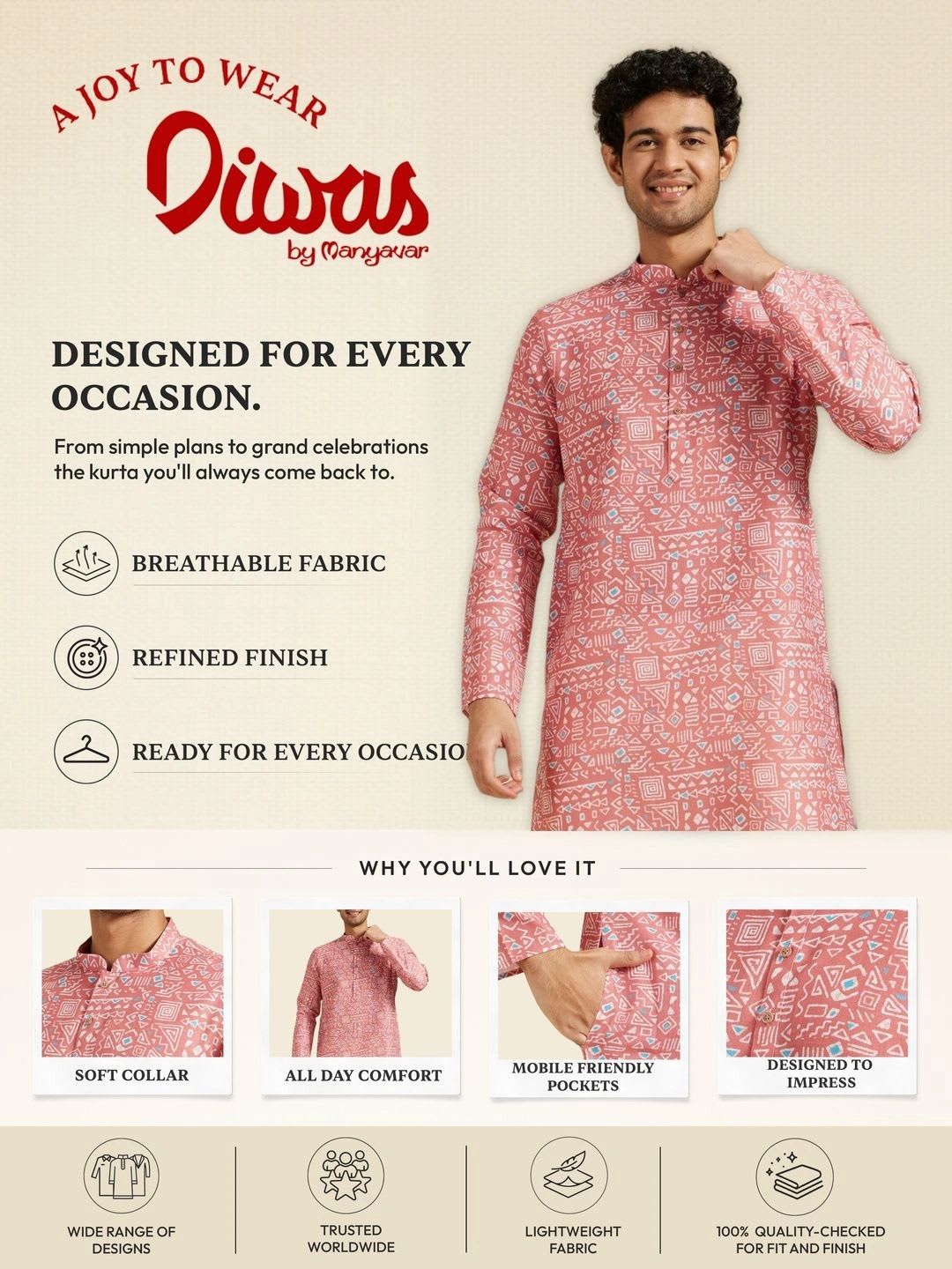Diwas by Manyavar Geometric Printed Mandarin Collar Straight Kurta - right view