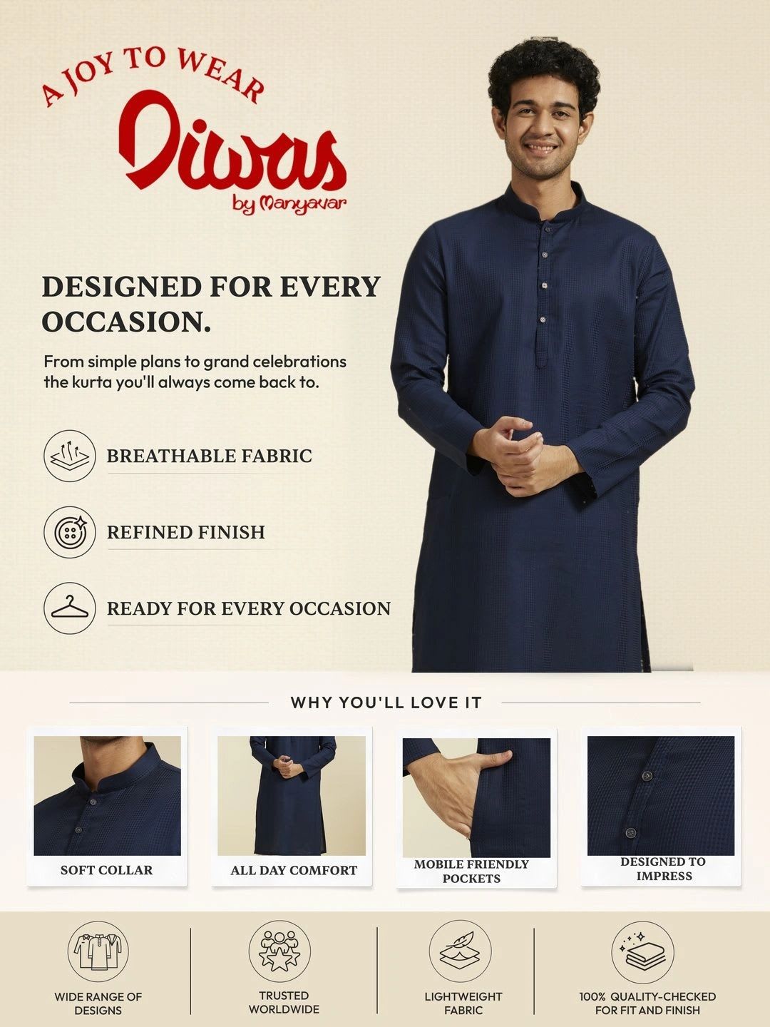 Diwas by Manyavar Textured Mandarin Collar Straight Kurta - right view