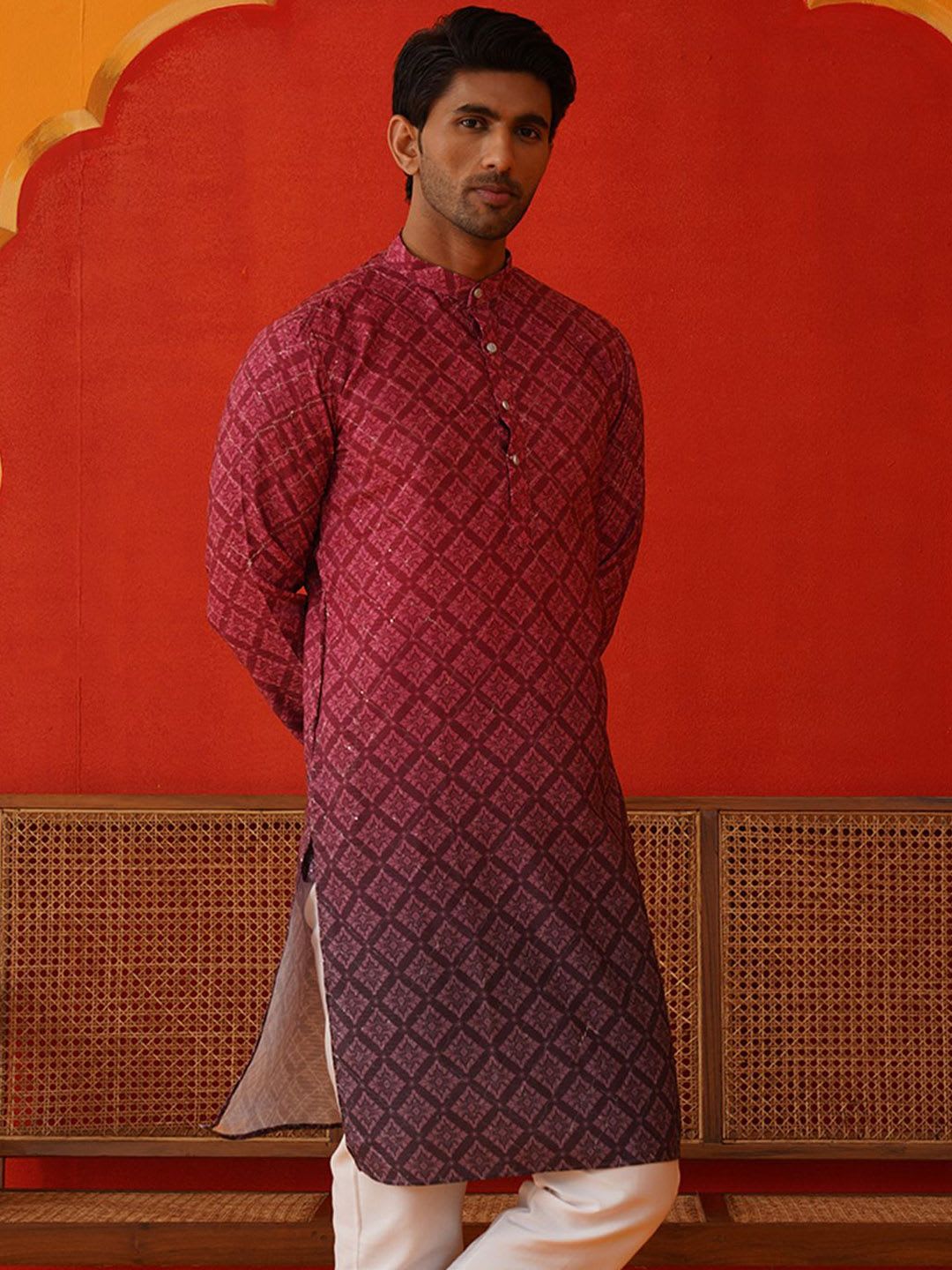 Jompers Men Floral Printed Sequinned Floral Kurta - back view