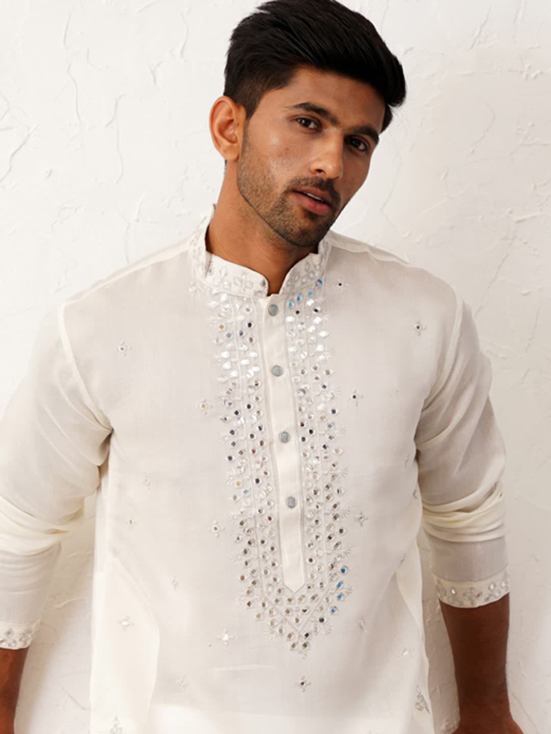Jompers Floral Embroidered Mirror Work Mandarin Collar Cotton Silk Straight Republic Day Republic Day Kurta - left view