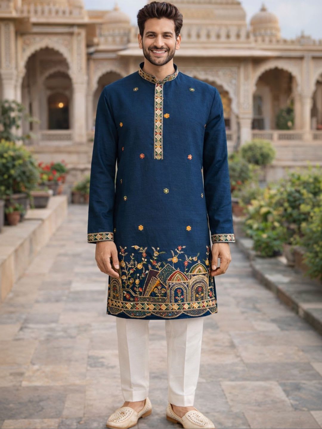House of Pataudi Embroidered Mandarin Collar Knee Length Straight Kurta - back view
