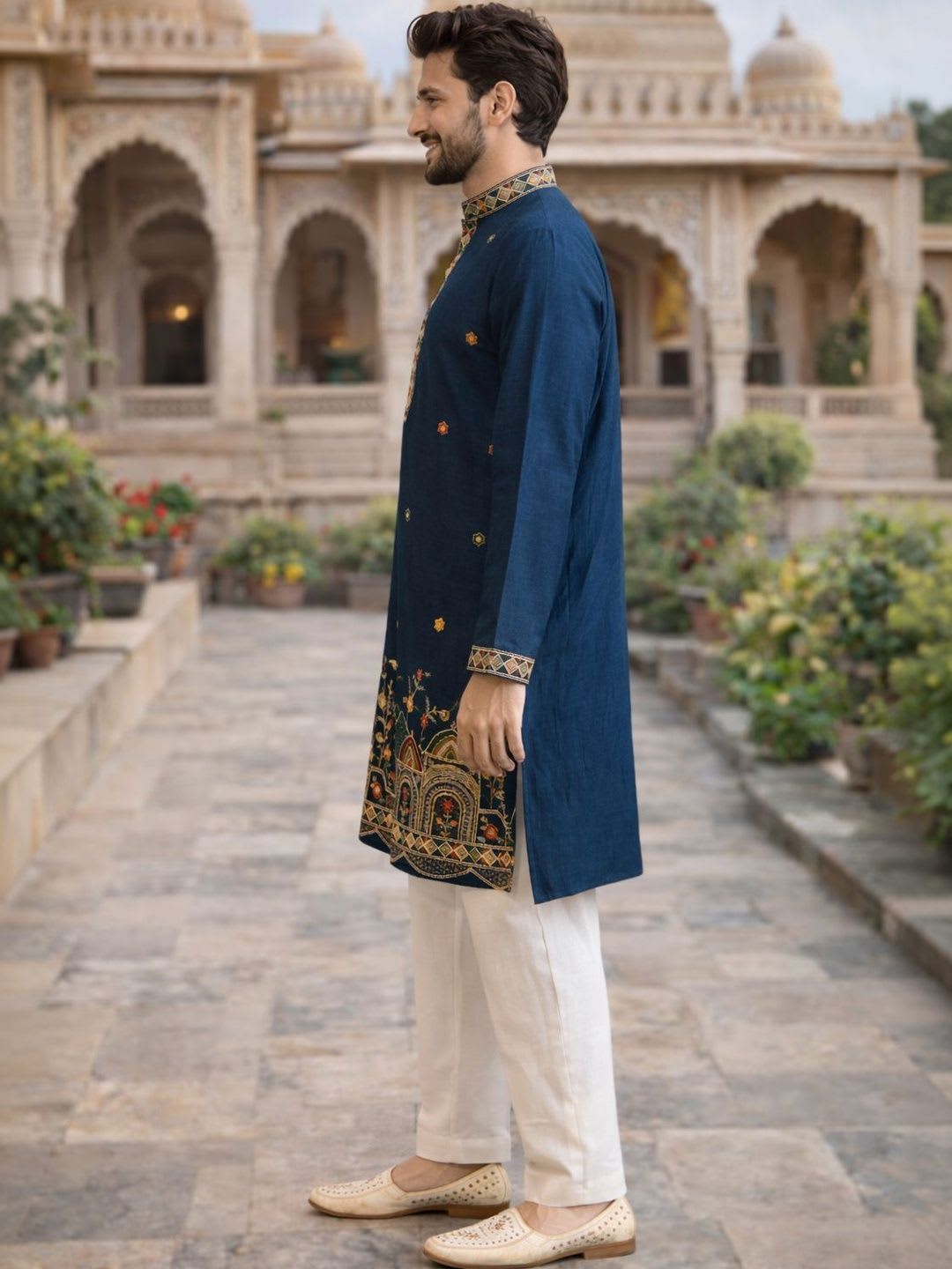 House of Pataudi Embroidered Mandarin Collar Knee Length Straight Kurta - left view