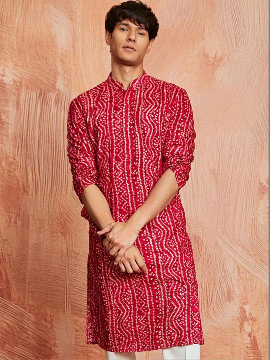 VASTRAMAY Bandhani Printed Mandarin Collar Straight Kurta - default view