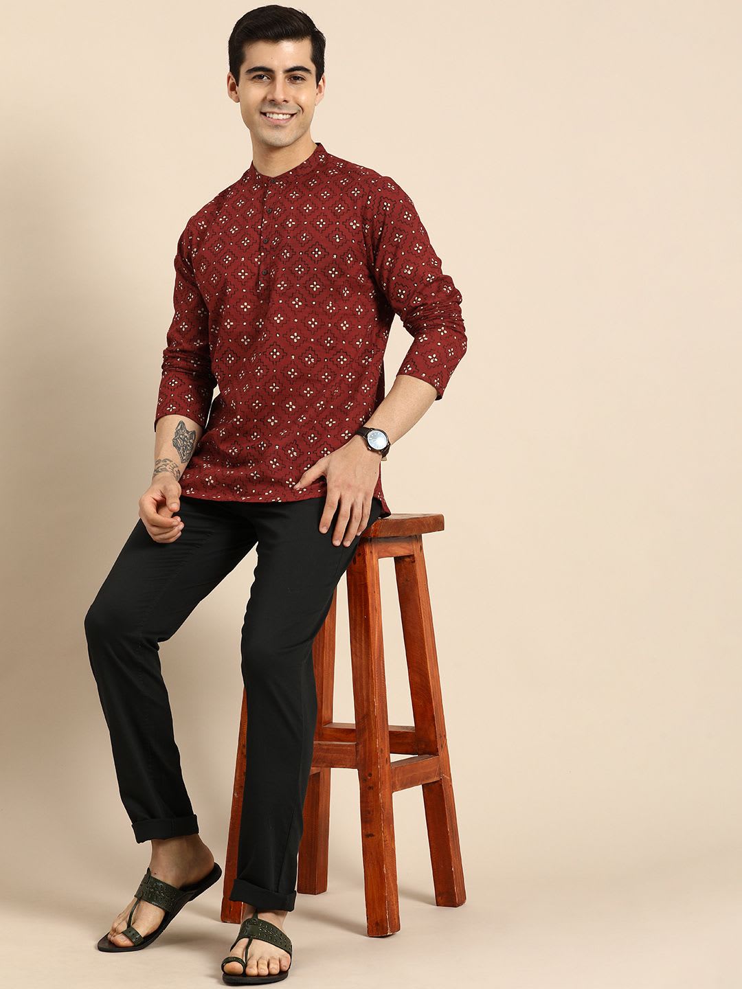 Anouk Men Ethnic Printed Pure Cotton Mandarin Collar Straight Short Kurta - default view