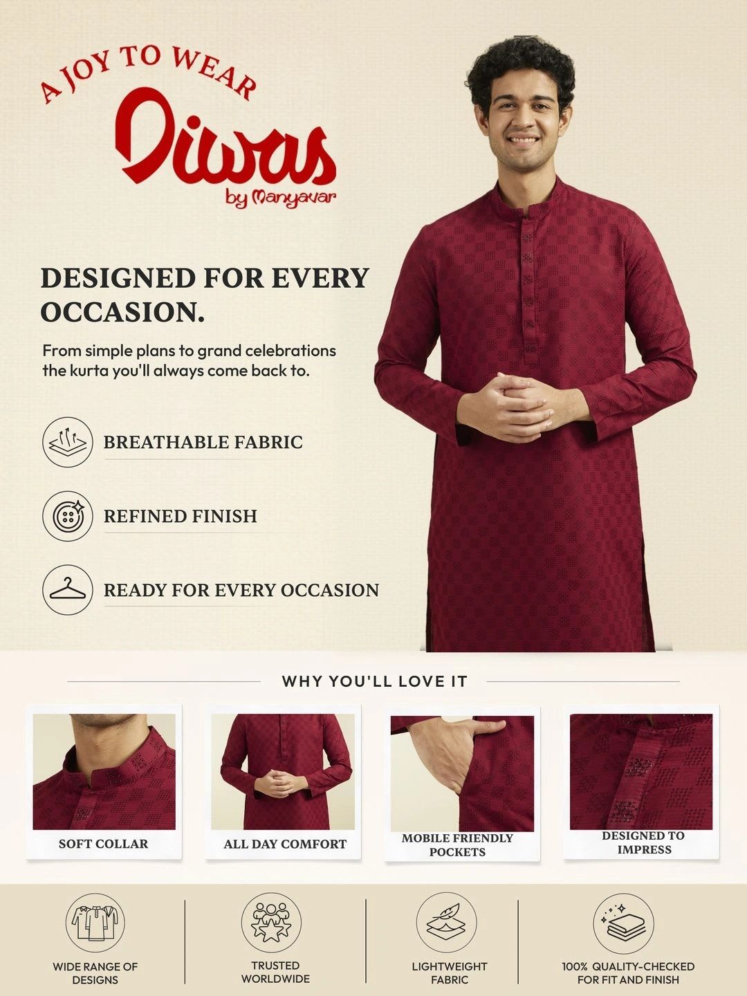 Diwas by Manyavar Geometric Woven Design Cotton Straight Kurta - right view