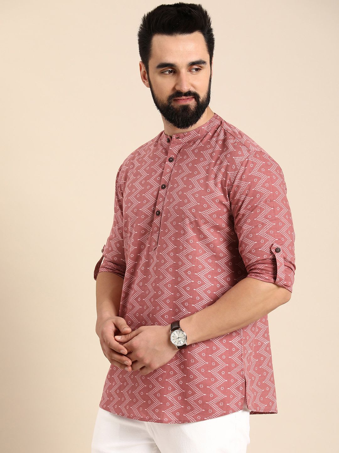 Anouk Men Printed Pure Cotton Mandarin Collar Straight Short Kurta - back view