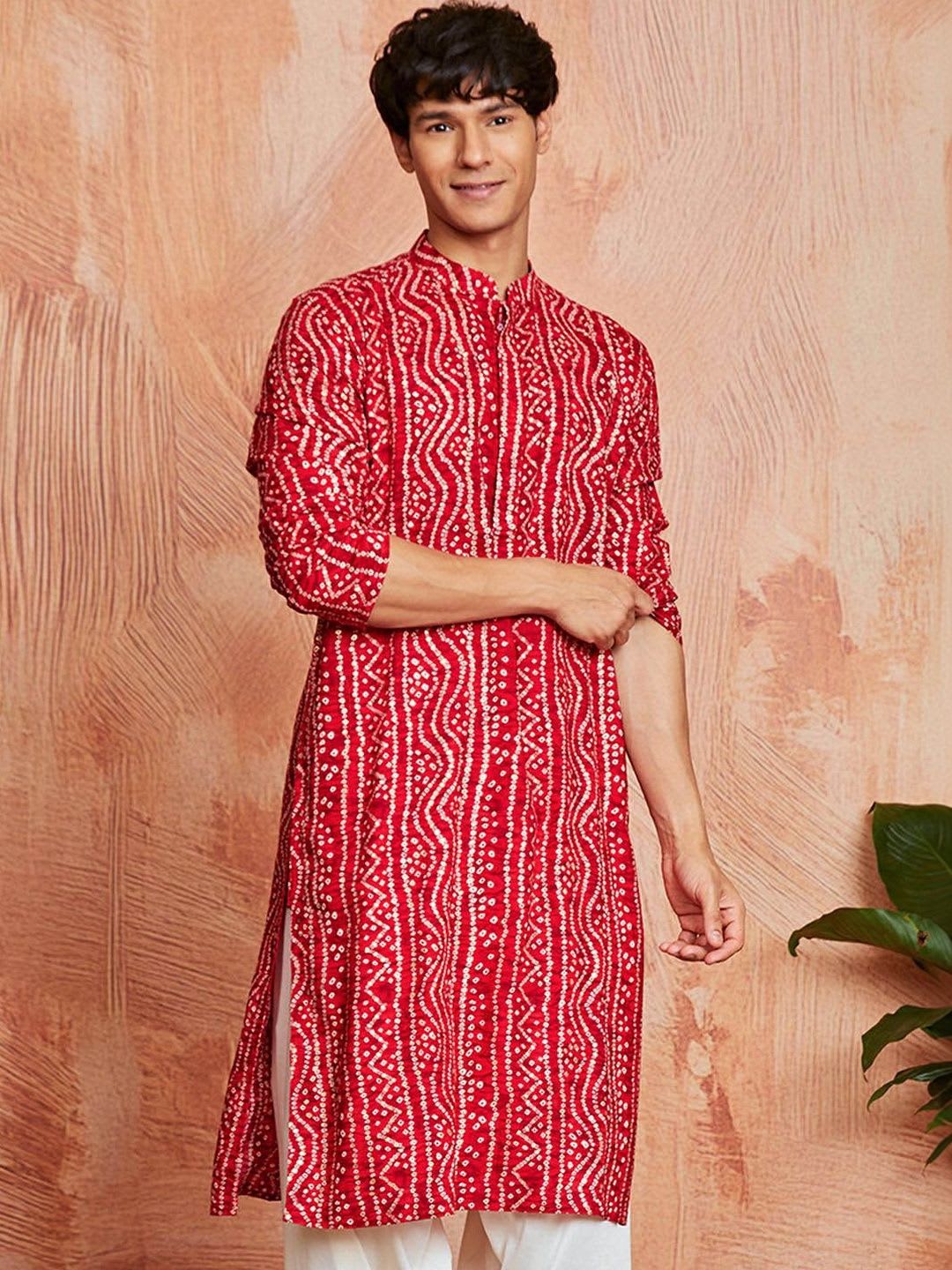 VASTRAMAY Bandhani Printed Mandarin Collar Straight Kurta - default view