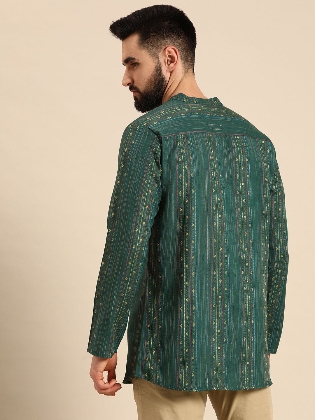 Anouk Men Green & Gold-Toned Striped Thread Work Straight Short Kurta - right view