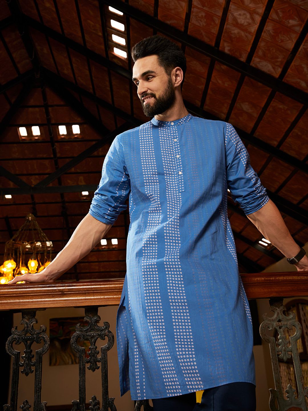 Anouk Men Blue Bandhani Printed  Cotton Kurta - default view