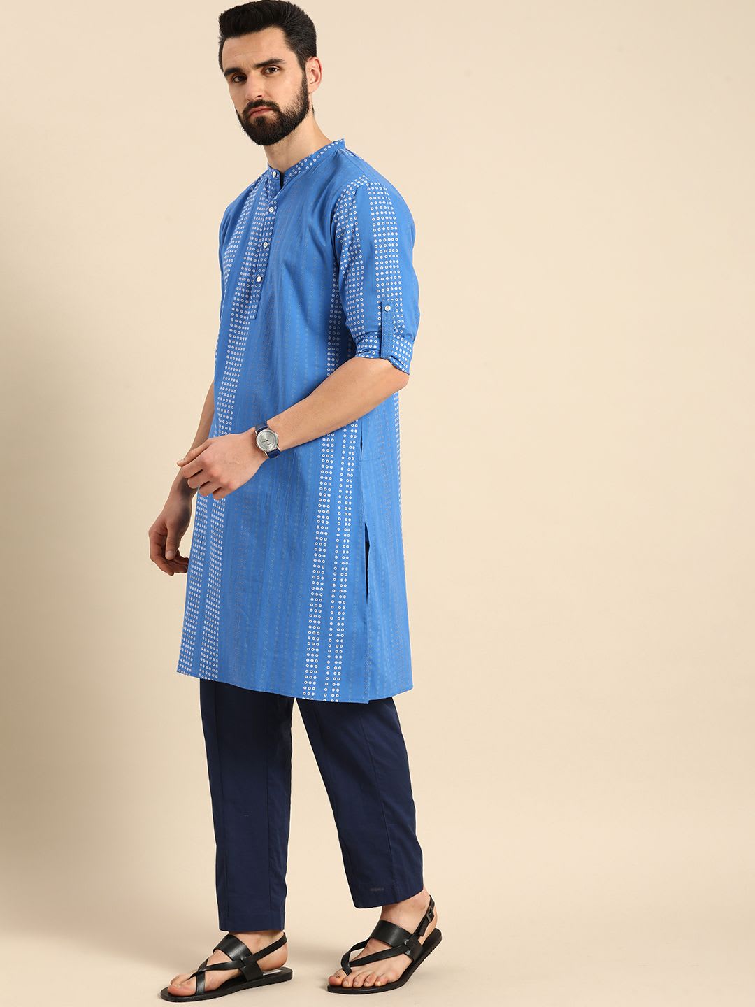 Anouk Men Blue Bandhani Printed  Cotton Kurta - left view