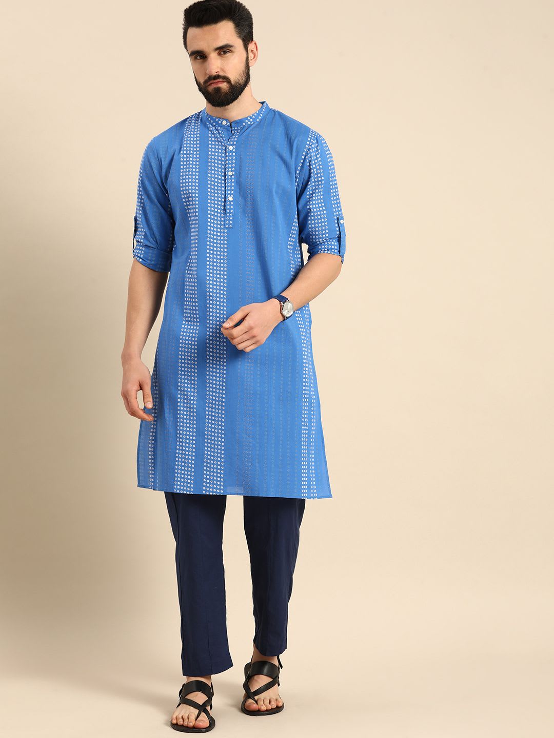 Anouk Men Blue Bandhani Printed  Cotton Kurta - right view