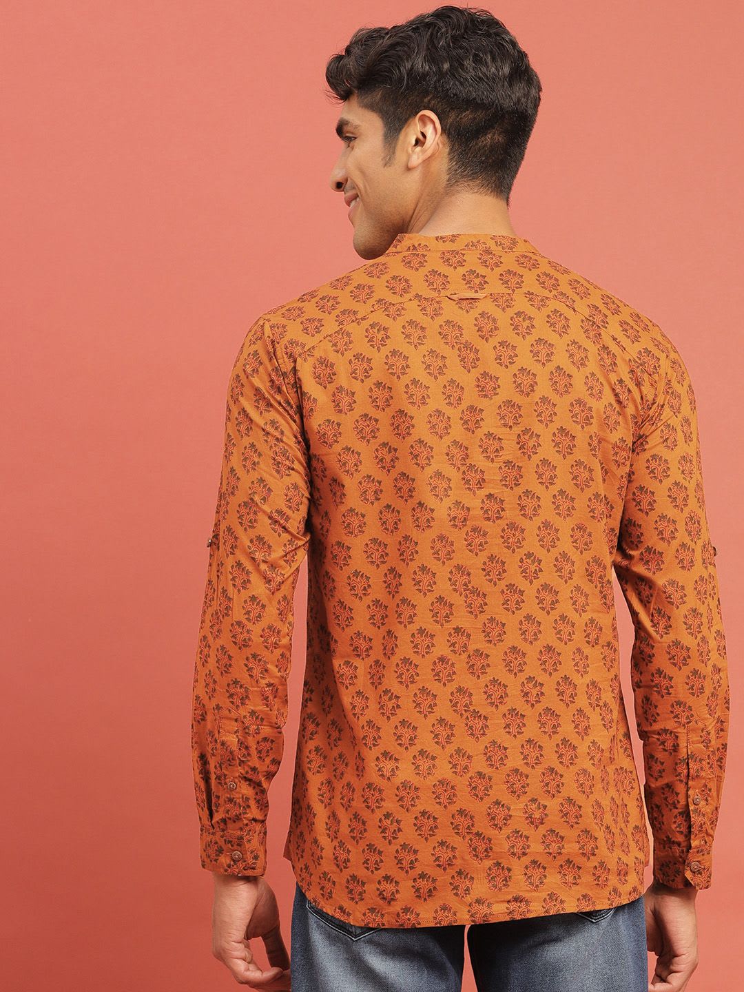 Taavi Men Mustard Orange & Green Bagru Printed  Straight Kurta with Roll-Up Sleeves - back view