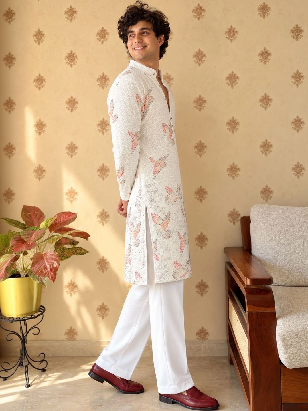 Anouk Men Ethnic Motifs Embroidered Thread Work Mandarin Collar Straight Kurta - right view