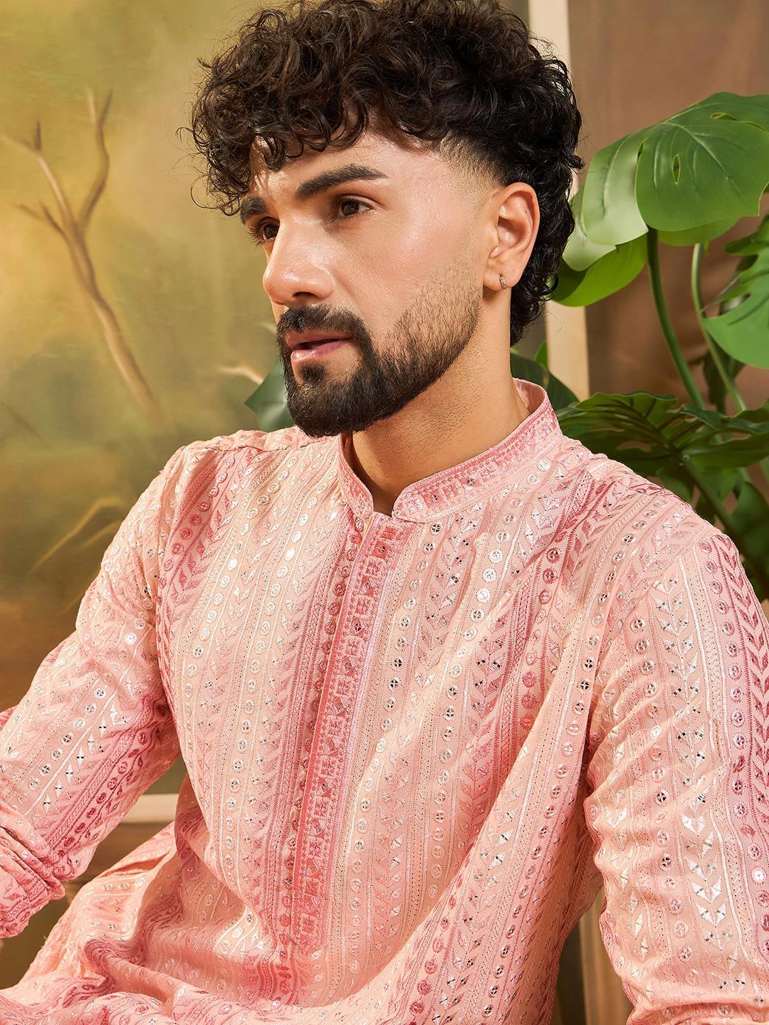 Anouk Men Peach Viscose Rayon Solid Embroidered Straight Kurta - default view