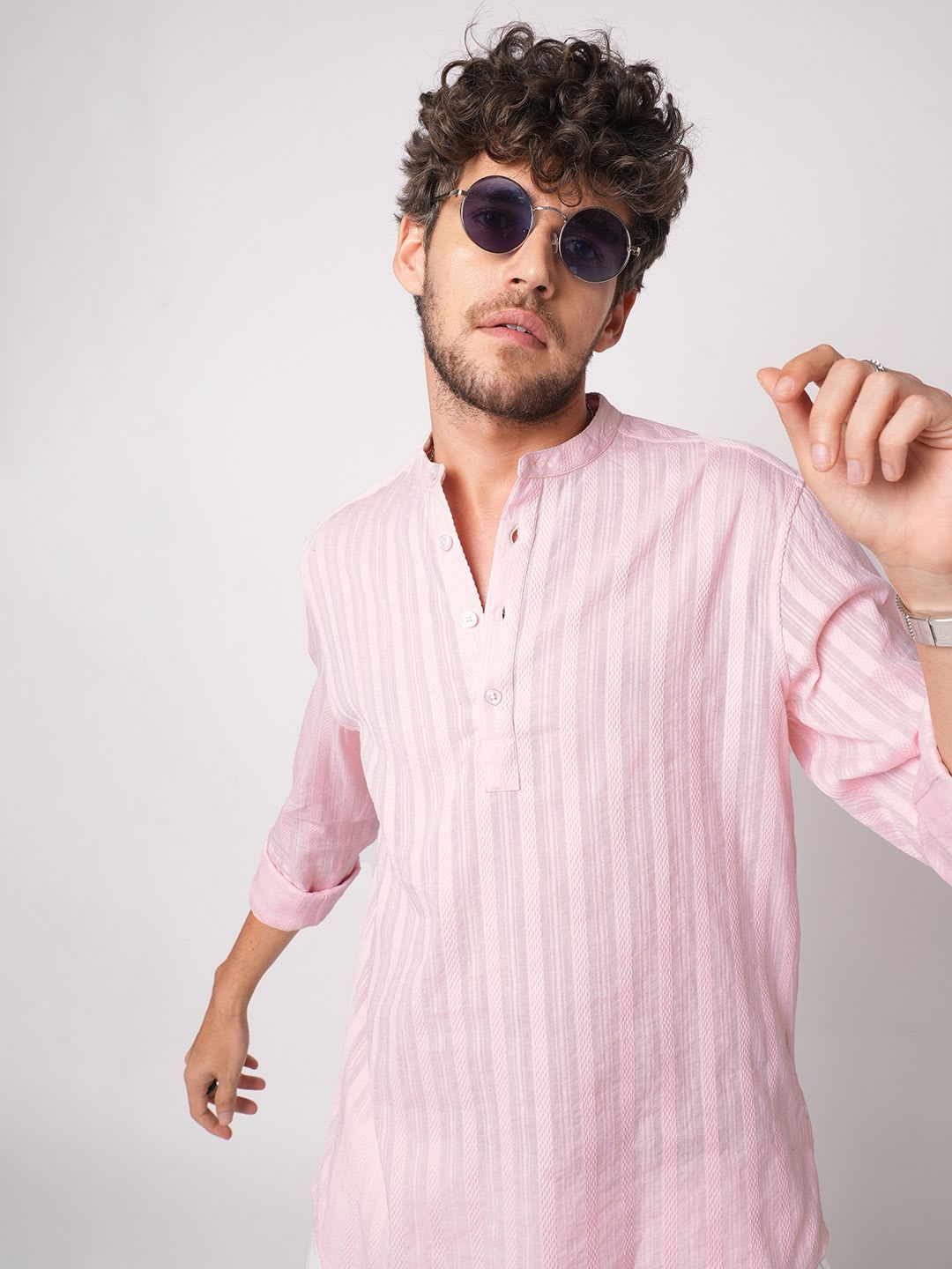 VASTRADO Men Pink Striped Fusion Cotton Straight Kurta - default view