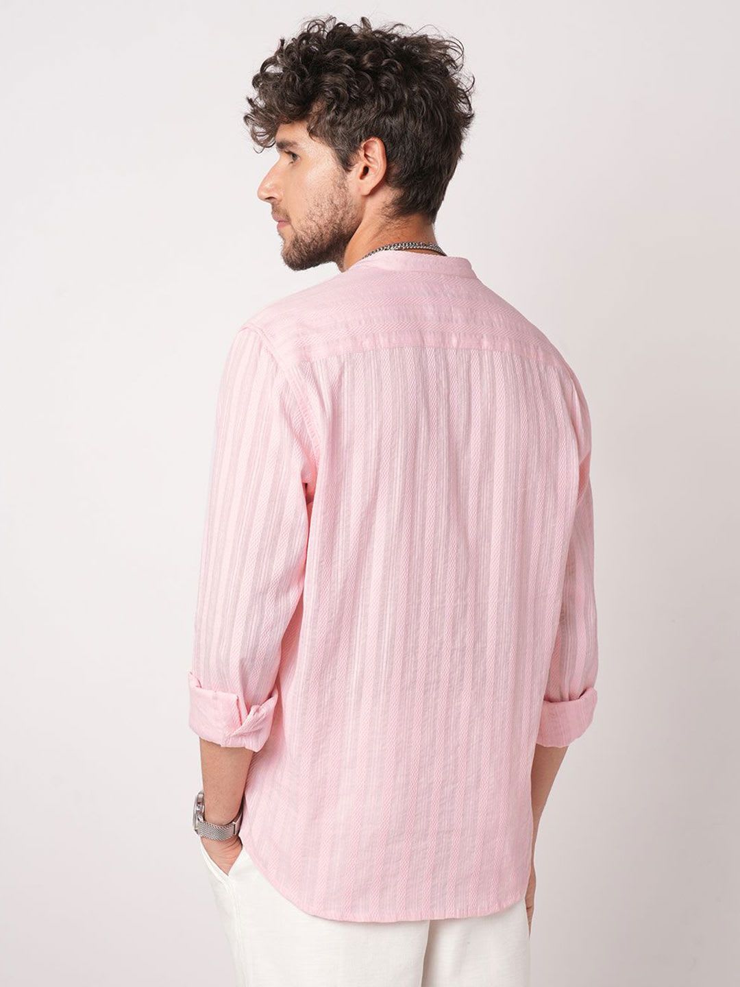 VASTRADO Men Pink Striped Fusion Cotton Straight Kurta - right view