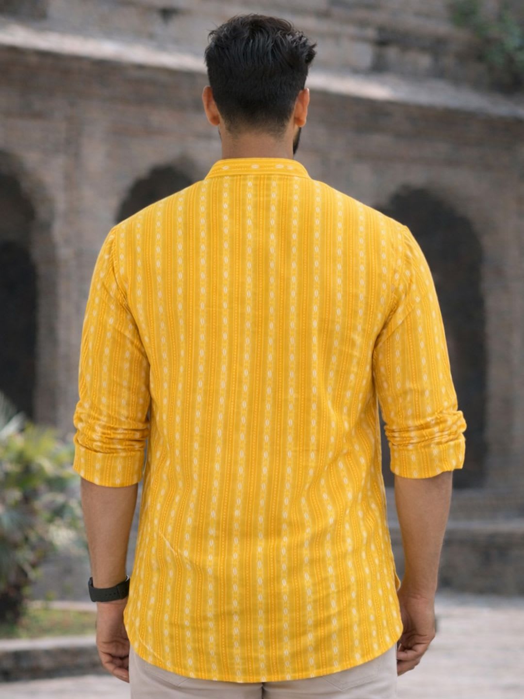 LADSLOOM Men Yellow Striped Mandarin Collar  Straight Cotton Short Kurta - right view
