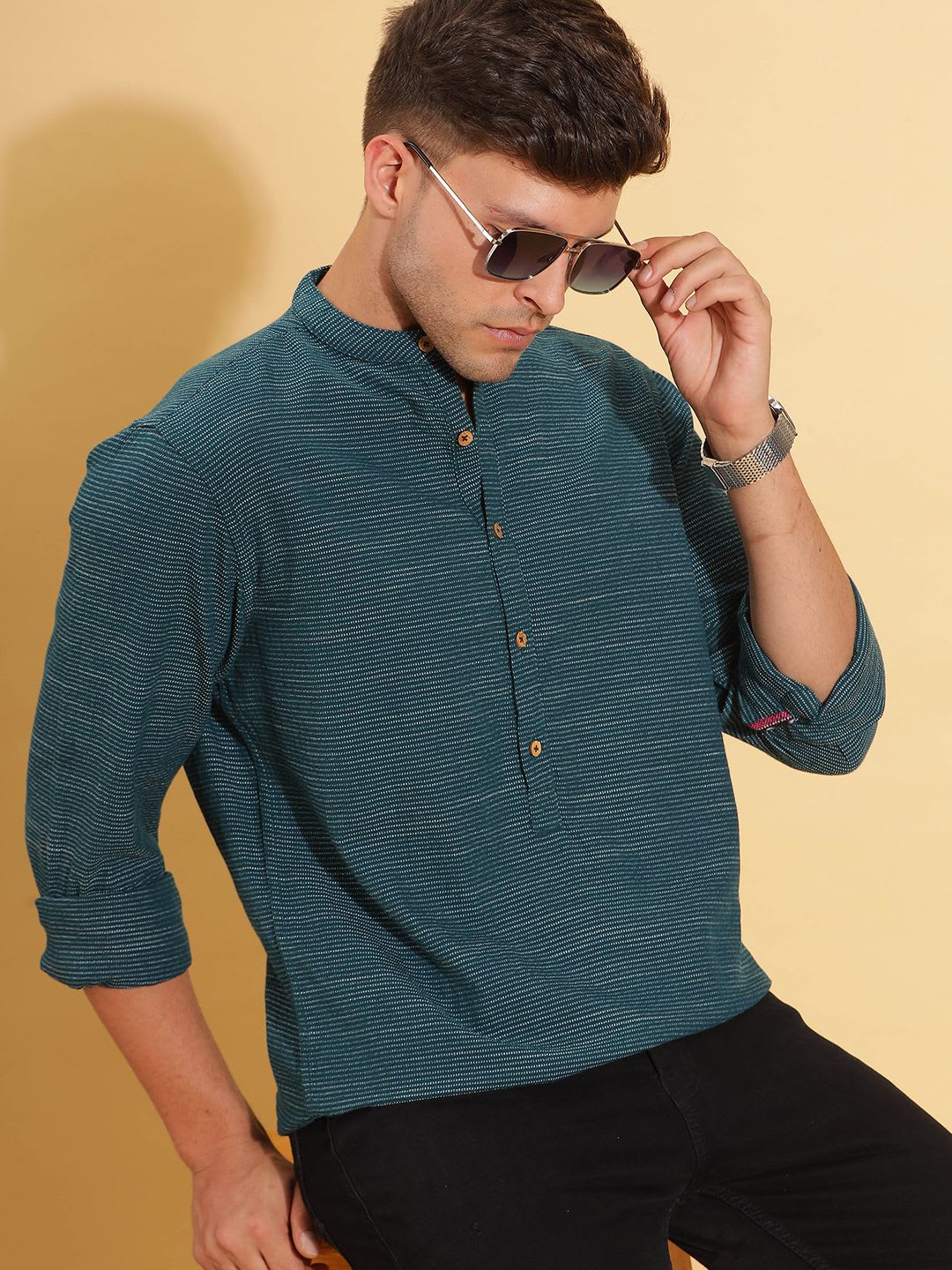HERE&NOW Band Collar Cotton Short Kurta - default view