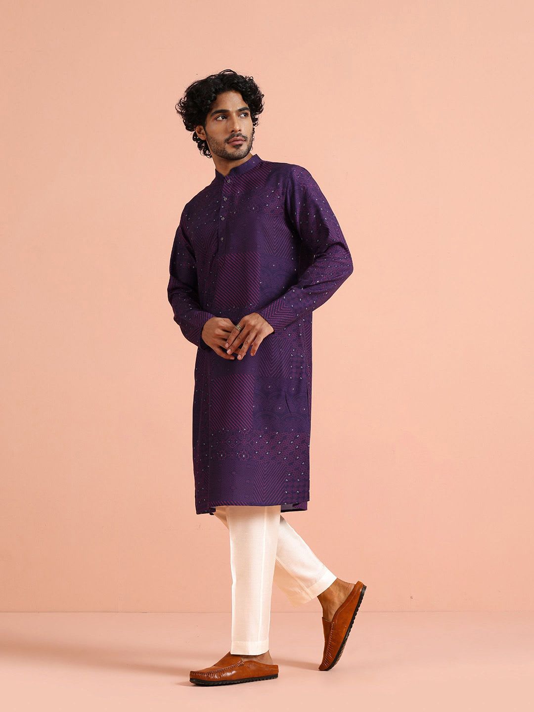 KISAH Men Purple Ethnic Motifs Printed Festive Cotton Straight Kurta - left view
