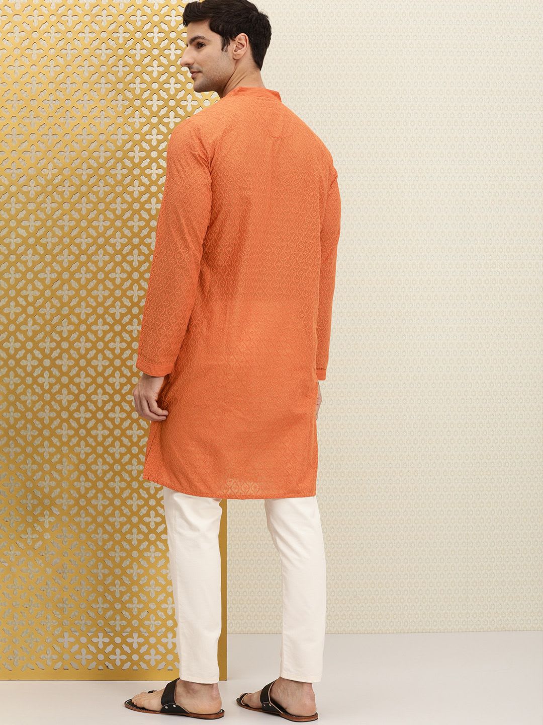 House of Pataudi Men Orange Jashn Chikankari Embroidered Kurta - left view
