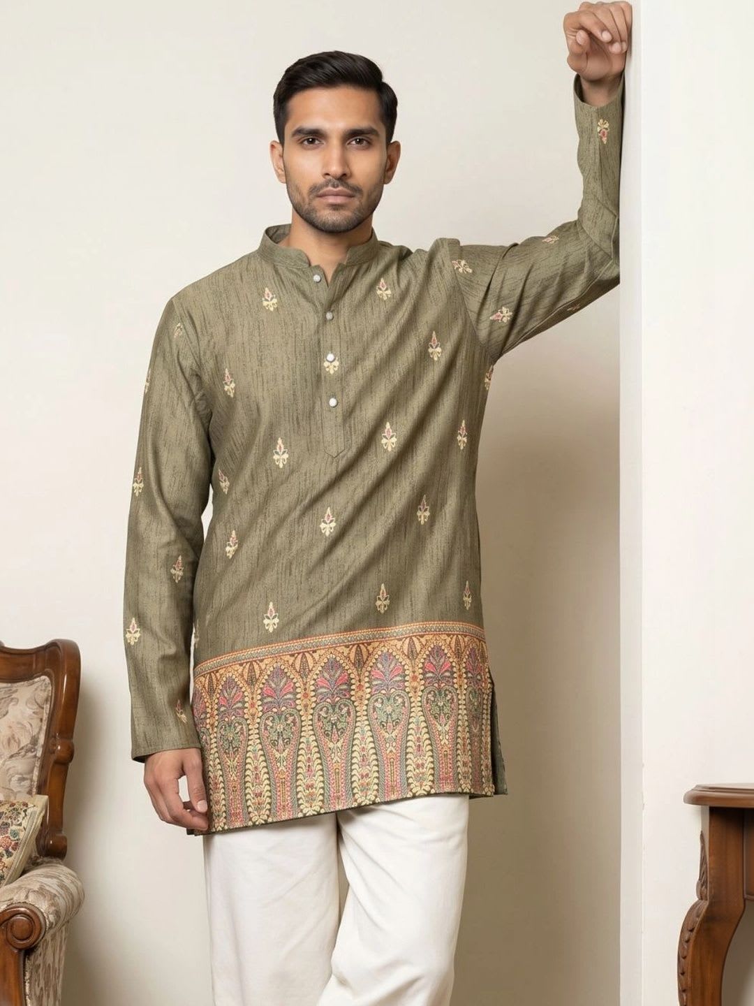 Jompers Men's Cotton Blend Printed Short Kurta - default view