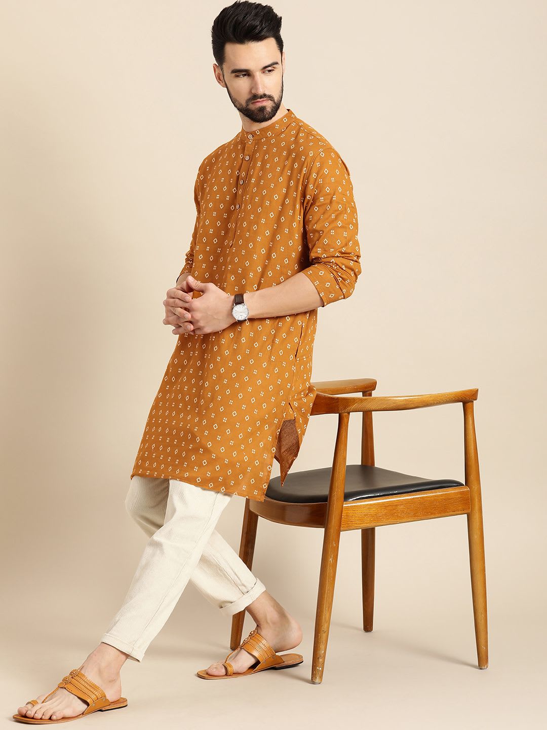 Anouk Men Mustard Yellow & White Geometric Printed Kurta - left view