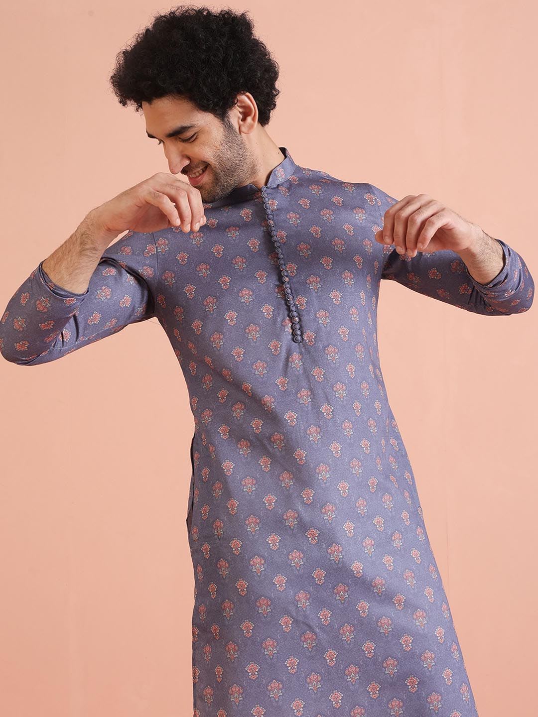 KISAH Grey Floral Printed Mandarin Collar Straight Kurta - default view